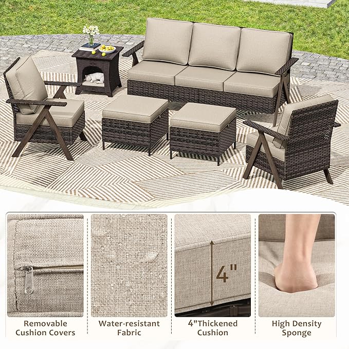 6 Piece Patio Furniture Set, Wicker Patio Conversation Set with Patio Chair and Outdoor 3-Seater Sofa and 2 Ottomans and Side Table for Deck Yard and Poolside