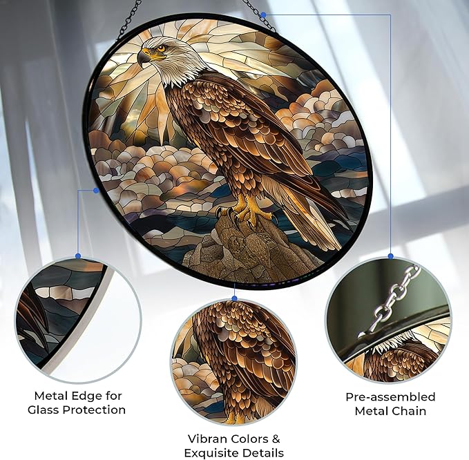 Eagle Stained Glass Window Hanging Window Suncatcher 12" Glass Panel with Metal Chain and Hooks Sun Catchers Indoor Wall Art Home Decor Gift for Women Mother's Day