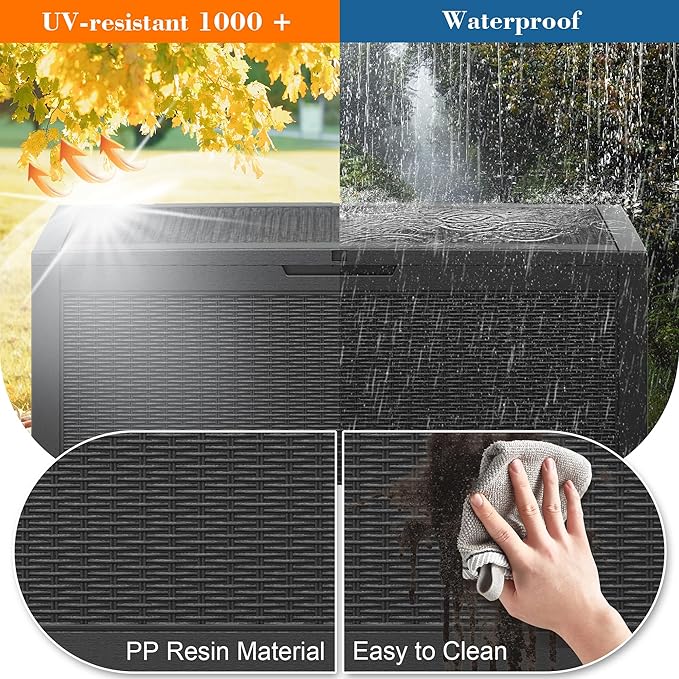 LHBcraft 100 Gallon Outdoor Storage Box Waterproof, Lockable Patio Storage Boxes Outdoor Waterproof for Furniture, Resin Deck Box Doubles as 2-Person Bench Seat, Gardening Tools, Black