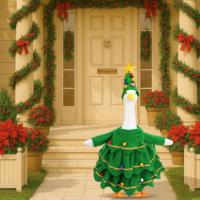 Watayo 2 Pcs/Set Christmas Tree Porch Goose Outfits, Lawn Goose Statue Xmas Tree Costume, Green Christmas Garden Goose Clothes Dress and Hat for 23" High Statue Xmas Holiday Patio Yard Decor