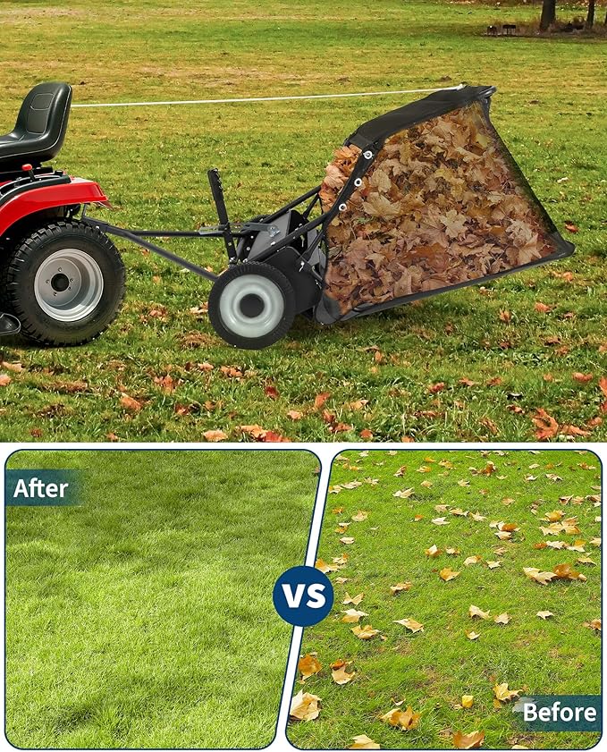 42 in Lawn Sweeper Tow Behind, Pull Behind Yard Sweeper, 21 cu. ft Large Hopper Leaf & Grass Collector, Heavy Duty Garden Sweeper with Adjustable Sweeping Height for Yard, Lawn, Farm