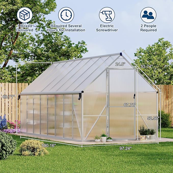 8X16 ft Polycarbonate Greenhouse with Aluminum Frame, Polycarbonate Greenhouse for Outdoors, Greenhouses with Ventilation and Rain Gutter, Aluminum Large Walk-in Greenhouses for Outside