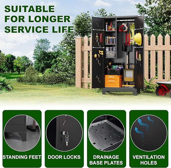 Storage Cabinet 1.4×2.8 FT, Metal Outdoor Sheds for Garden Tool Organization, Heavy Duty Storage Sheds with Lockable Doors and Vents for Backyard, Garden, Patio Lawn