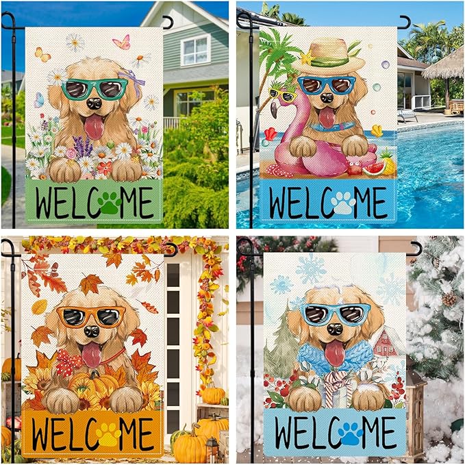 Golden Retriever Garden Flags for Outside Set of 12, Puppy Dog Welcome Garden Flags 12x18 Double Sided for All Seasons and Holidays, Spring Easter Yard Lawn Flags for Farmhouse Outdoor Decor