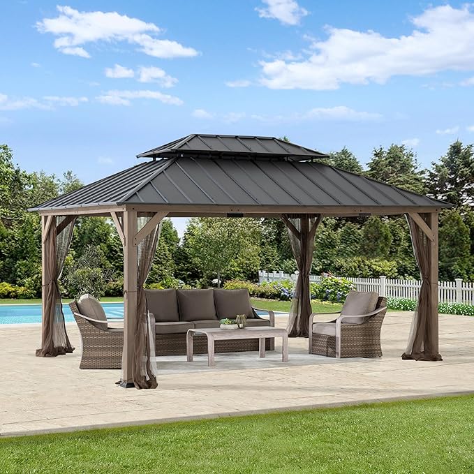 SUNJOY 12x16 Hardtop Wood Gazebo with Galvanized Steel Roof and Mosquito Netting, Outdoor Permanent Pavilion Cedar Gazebo for Backyard, Garden, Patio, Deck, Lawn