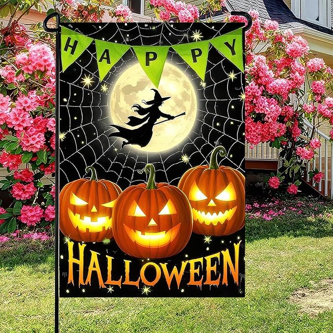 Garden Flags 12x18 Inch Halloween Garden Flag Outdoor Fall Decorations Vertical Double-Sided Witch Pumpkin Moon Banner Yard Sign for Porch Lawn Home Party Garden Decor