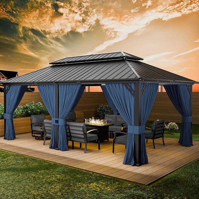 12’x20’ Hardtop Gazebo Outdoor Aluminum Frame Permanent Gazebo Galvanized Steel Double Roof Gazebos with Nettings and Curtains for Patio, Lawns,Backyard, Deck(Navy)