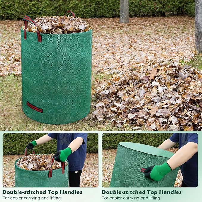 106 Gallons Lawn and Leaf Bags,Reusable Yard Waste Bags with Gardening Gloves,Heavy Duty Garden Bags with 4 Handles for Lawn Care, Camping & Recycling(3 Pack）
