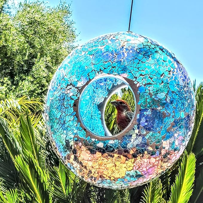 Fly Through Wild Bird Feeder Garden Hanging Bird Feeder Mosaic Circle Squirrel Proof for Outdoor Decoration,Blue
