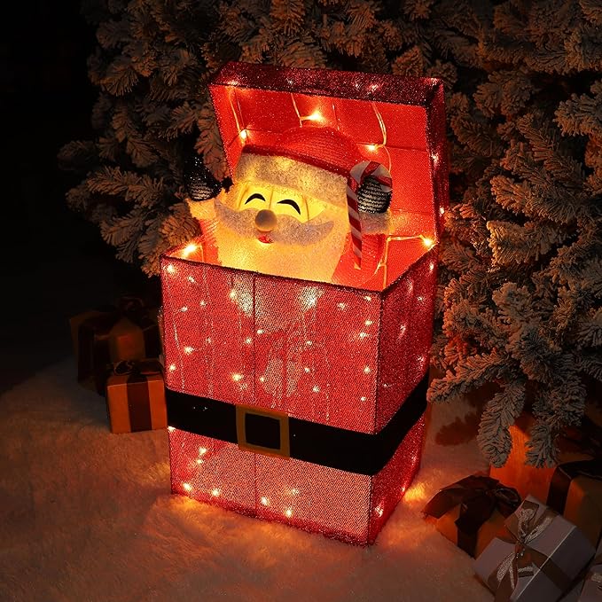 VEIKOU Lighted Christmas Santa Claus Decoration in Gift Box, Electric Santa Claus Christmas Yard Decoration with 100 Warm White LED Lights, 3D Xmas Holiday Ornament for Outdoor and Indoor