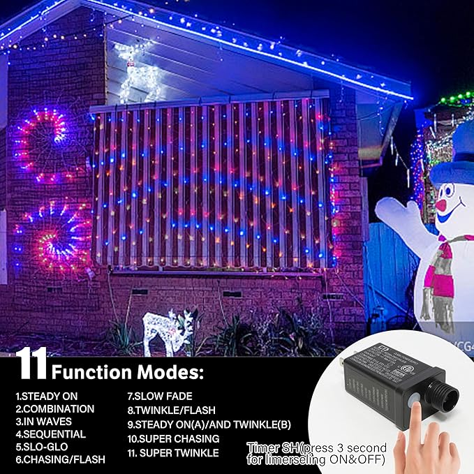 66ft Patriotic String Lights - Red White Blue Mini Lights, 200 LED Transparent Wire Fairy Starry String Lights Plug in, 11 Lighting Modes for Outdoor Tree Party Decoration (Red White Blue)
