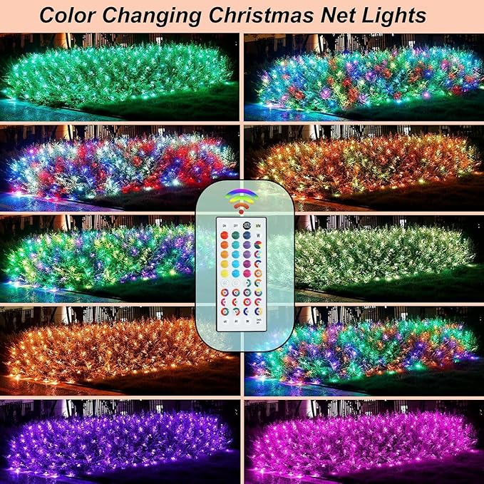 Color Changing Christmas Net Lights 9.8x6.6 ft RGB LED Net Mesh Lights with Remote for Xmas Tree Connectable Plug in, Bushes, Wedding, Garden, Indoor, Outdoor Halloween Decorations