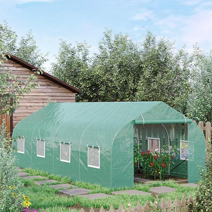 Outsunny 20' x 10' x 7' Outdoor Walk-in Greenhouse, Tunnel Green House with Roll-up Windows, Zippered Door, PE Cover, Heavy Duty Steel Frame, Green