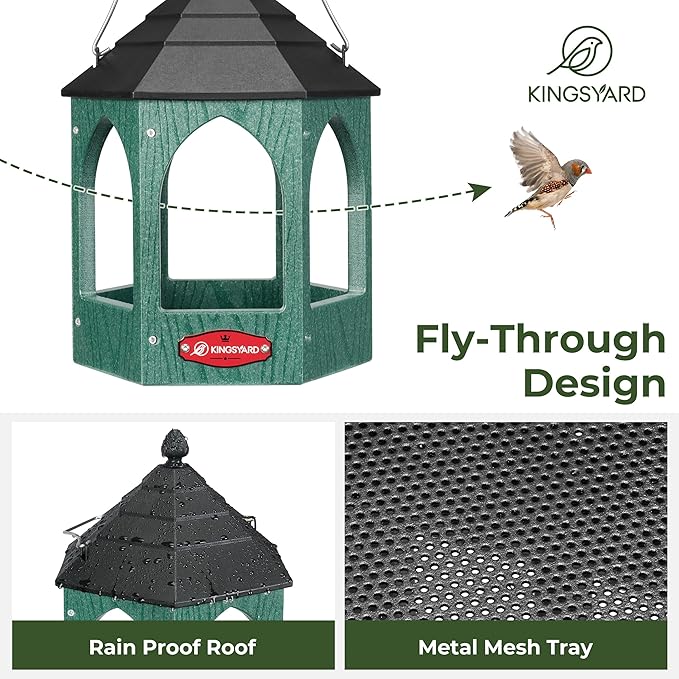 Kingsyard Platform Bird Feeder for Outdoor Hanging - Gazebo Style Recycled Plastic Wild Bird Feeding Station with Rain-Proof Roof & Metal Mesh Tray. Green