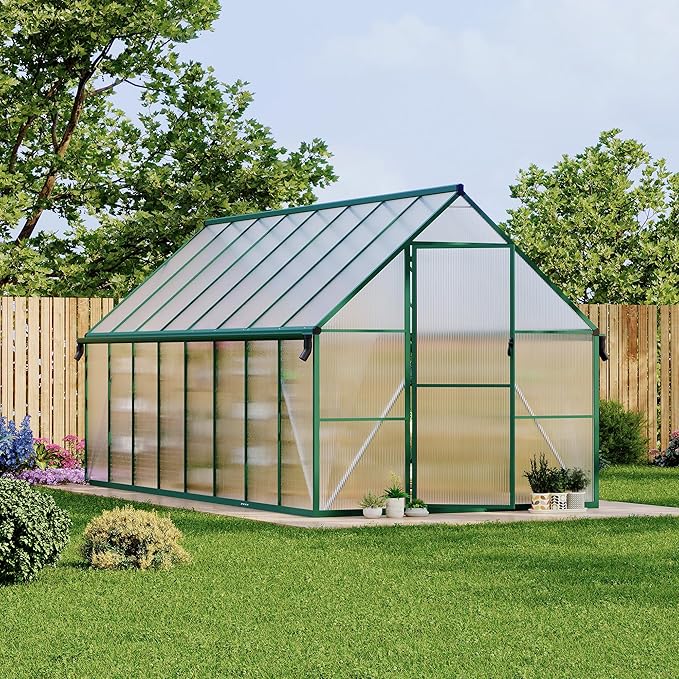 8X16 ft Polycarbonate Greenhouse with Aluminum Frame, Polycarbonate Greenhouse for Outdoors, Greenhouses with Ventilation and Rain Gutter, Aluminum Large Walk-in Greenhouses for Outside