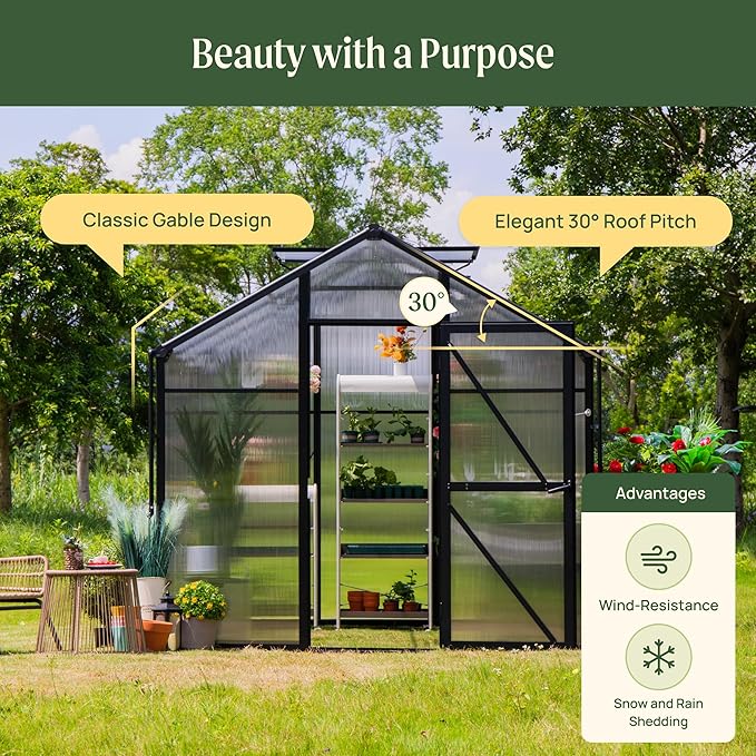 Vego Garden Junior Victorian Greenhouse 8ft – Durable Aluminum Frame with Polycarbonate Panels – All-Season Greenhouse for Backyard or Patio