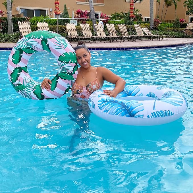 Pool Float for Swimming Pool, Inflatable Swim Tube Floaties for Teens Adults Tropical Leaf Printed Swim Ring Pool Party Decoration