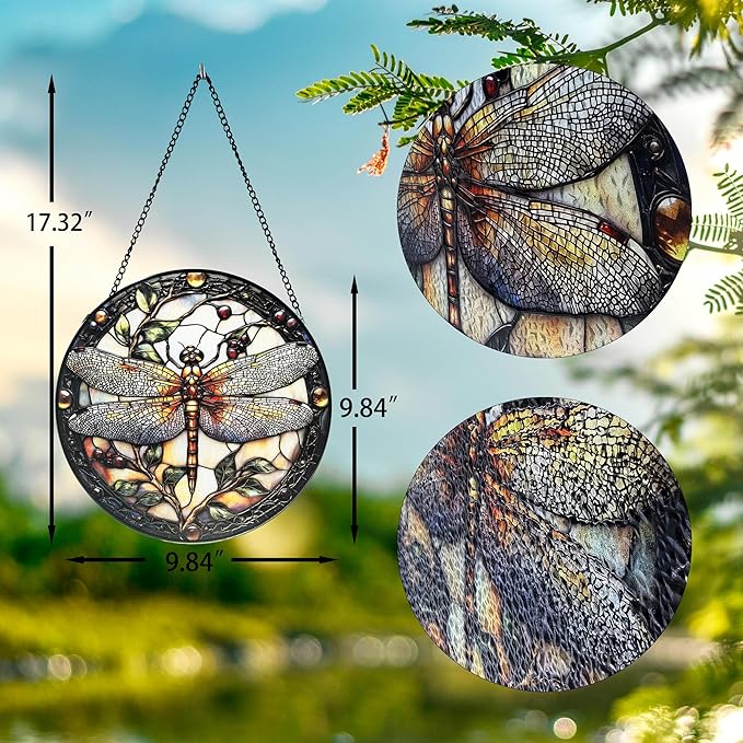 Stained Glass Window Hanging - Dragonfly Plant Suncatcher Ready to Hang Window Doors Home Decoration, 9.8 inch