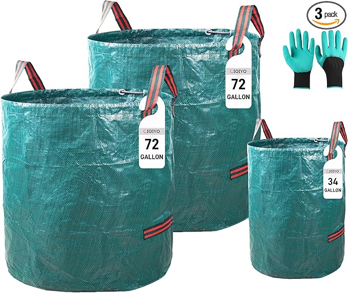 2x72Gallons+1x34Gallons (Free Gloves) Garden Leaf Bags,Reusable Heavy Duty Yard Waste Bag Set,Standable Design and Reinforced 4 Handles for Leaf,Grass,Debris,Camping Trash