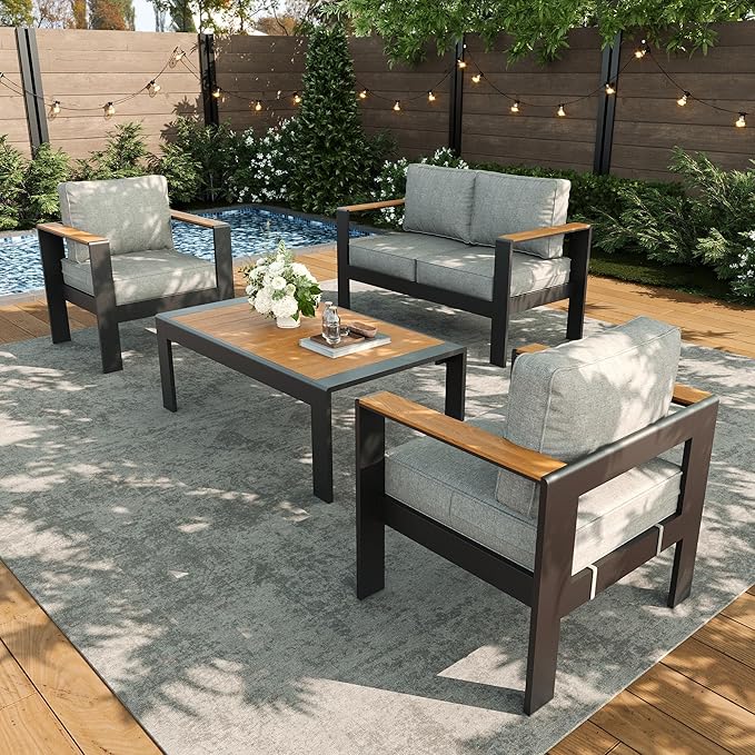 LayinSun 4 Piece Aluminum Outdoor Furniture Set with Coffee Table, Outside Patio Deep Seating Conversation Set with Upgraded Washable Thick Cushion