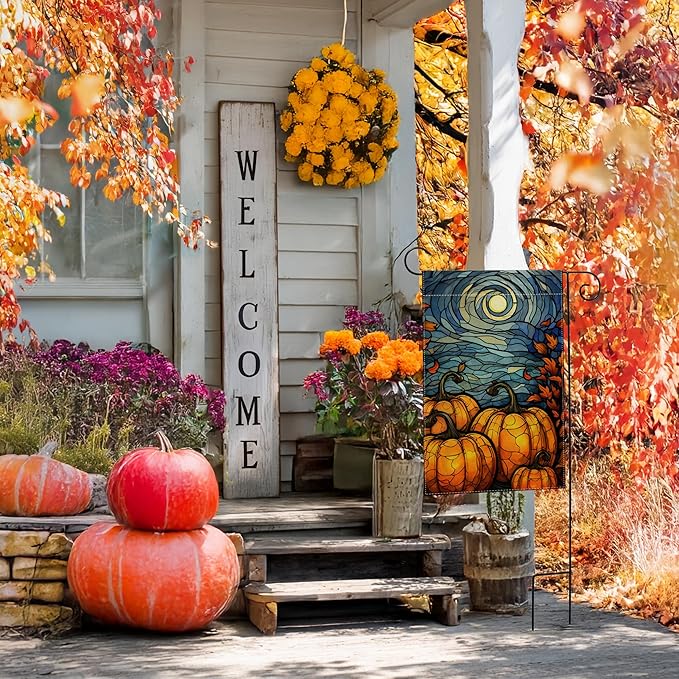 Garden Flags, Garden Flag, Stained Glass Style Pumpkin Maple Leaf Double-Sided Flags for Farmhouse Yard Outdoor Decoration-12 x 18inch (Pumpkin2)