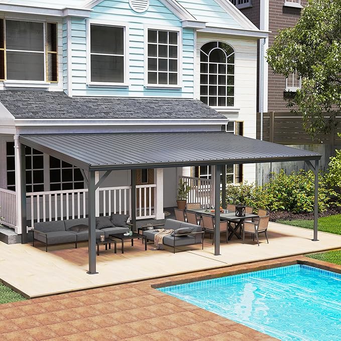 12x20FT Lean to Gazebo, Outdoor Hardtop Wall Mount Gazebo with Gutter & Sloping Galvanized Steel Roof, Metal Hard Top Awnings for Deck, Porch, Backyard