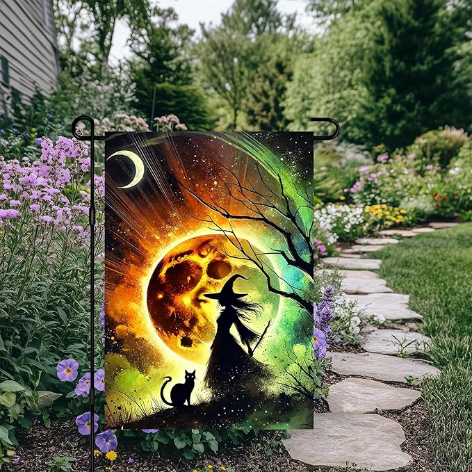 Halloween Horror Garden Flag 12x18 Inch Witch Silhouette Black Cat Moonlight Flag Outdoor Yard Decoration House Banner Porch Lawn Patio Home Decor