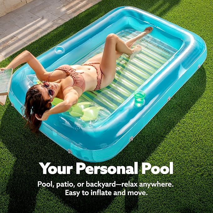 SLOOSH Inflatable Tanning Pool Lounger Float, 70" x 46" Pool Floats Adult with Pillow, 4 in 1 Suntan Tub Raft Floatie,Sunbathing Bed Lounge for Water Blow Up Kids Ball Pit Party Gifts, L-Blue Green