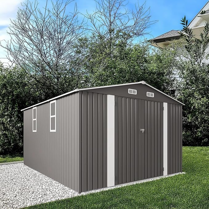 10x12 FT Outdoor Storage Shed, Large Metal Garden Shed with Double Door Two Window Waterproof Tool Shed for Backyard Patio Lawn Poolside, Grey