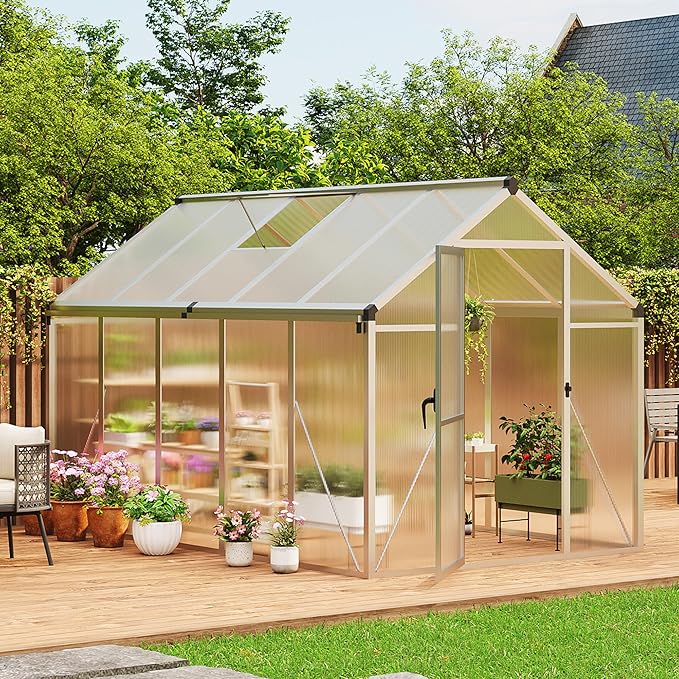 6x10 FT Greenhouse for Outdoors, Polycarbonate Flower Greenhouse with Roof Vent, Push-Pull Lockable Door, Aluminum Walk-in Greenhouses for Outside Garden Backyard, Patio, Lawn, Silver