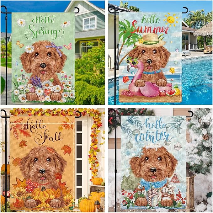 Golden Doodle Garden Flags for Outside Set of 12, Dog Welcome Seasonal Garden Flags 12x18 Double Sided for All Seasons and Holidays, Spring Yard Lawn Flag for Outdoor Decor, Goldendoodle Gifts