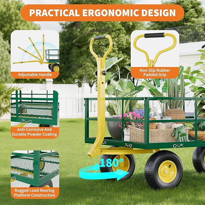 3-in-1 Heavy-Duty Steel Garden Cart, 1200 Lbs Garden Wagon, with 13 Inch All-Terrain Tires and Removable Mesh Side Panels, 180° Rotating Handle, Metal Utility Yard Trailer, Outdoor Gardens Wagon Cart