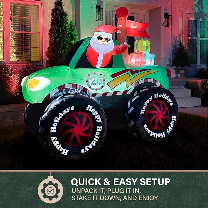 Fraser Hill Farm 6-Ft. Tall Santa in Monster Truck Blow Up Inflatable with Lights, Outdoor Christmas Inflatable Decoration for Lawn and Yard, Giant Festive Holiday Decor