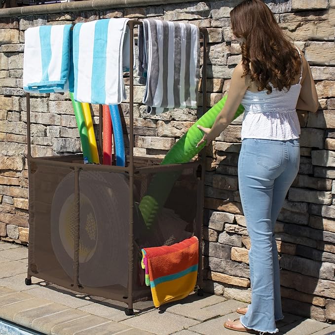 Essentially Yours Pool Equipment Holder with Towel Drying Bars, Mesh Rolling Pool Storage Organizer Bin, Extra Large with Towel Hanger, (34.5" W x 25" L x 62.6" H), Brown Style 418566