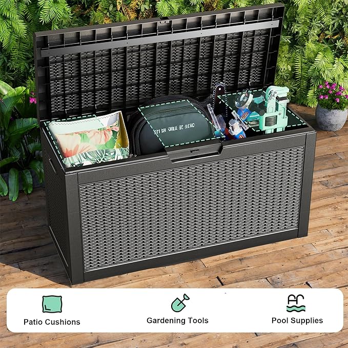 Vixzen 60 Gallon Outdoor Deck Box,Lockable Resin Waterproof Storage Box,UV Resistant,Weather Resistance,Outside Storage Bin for Gardening Tools,Pool Supplies,Black