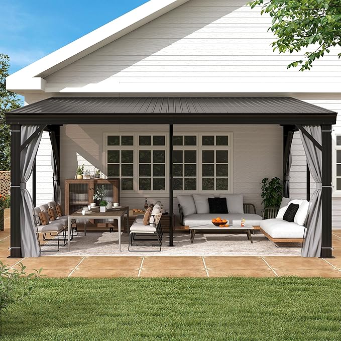 12' x 16' Hardtop Wall Mounted Gazebo, Lean to Gazebo with Galvanized Steel Roof Aluminum Frame Wall Gazebos Pergola with Netting&Curtains for Outdoor, Backyard, Patio