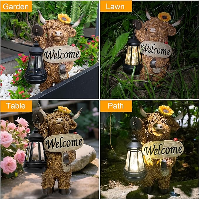 Solar Highland Cow Outdoor Statue with Latern for Garden, Outside Yard Lawn Decor Highland Cow Figurine Porch Patio Balcony Home, Birthday Gifts for Mom Women
