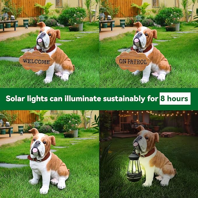 English Bulldog Outdoor Dog Statue with Flip-Over “Welcome/ON Patrol” Plaque and Solar Path Lantern, Brown & White Sitting Puppy for Porch & Lawn