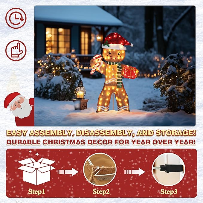 VEIKOU 5FT Gingerbread Man Christmas Decoration with 120 LED for Outdoor Yard Decorations, 2.5D Pre-Lit Gingerbread Man with Candy Cane and Gift Box, Freestanding Glittered Holiday Display