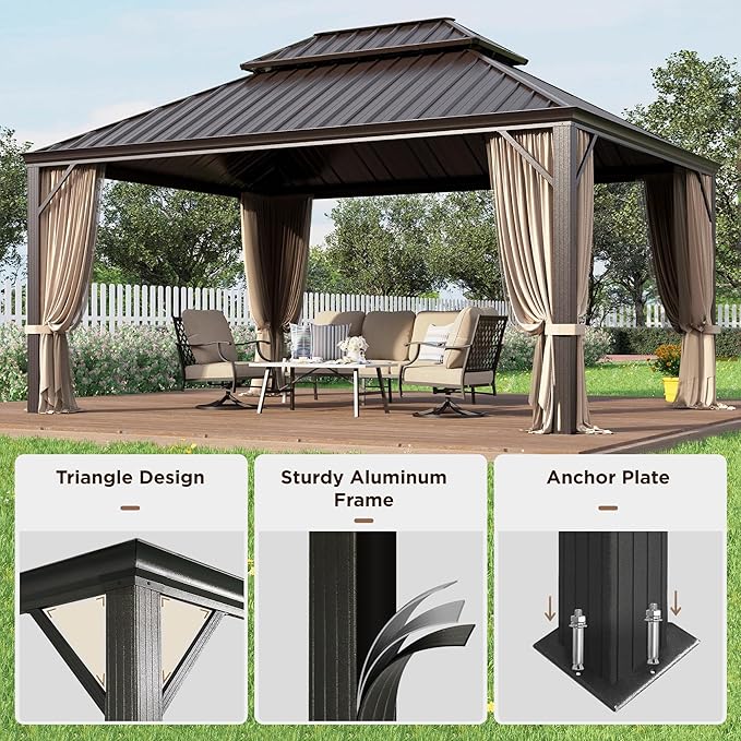 GREEN PARTY 12 X 16ft Hardtop Gazebo with Nettings and Curtains, Heavy Duty Double Roof Galvanized Steel, Outdoor Aluminum Gazebos Pergolas for Patios, Backyard, Deck, Garden, Lawns