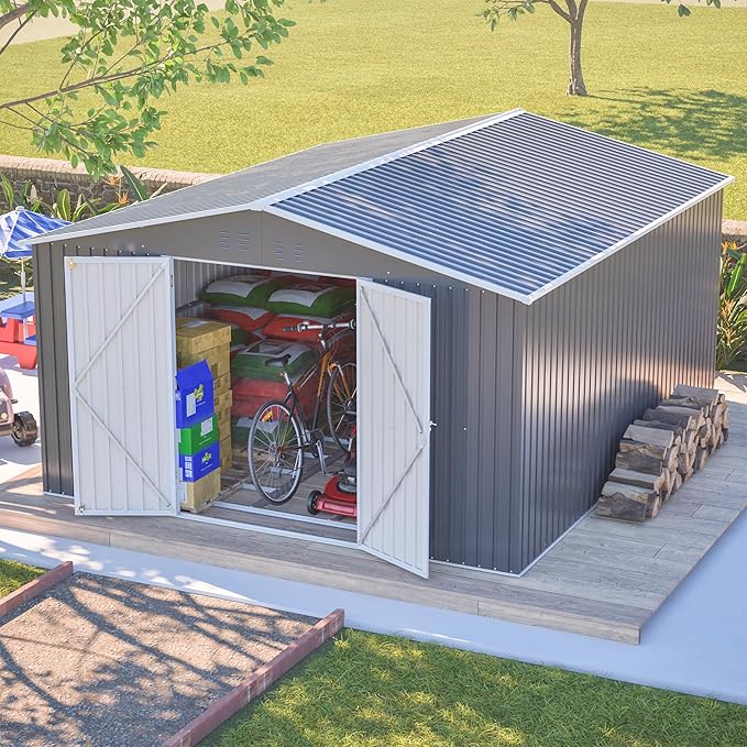 11x13 FT Outdoor Metal Storage Shed with Floor Frame, 140.5 sq.ft Heavy-Duty Garden Tool Shed with Double Doors, Waterproof Roof, All-Weather Steel Utility Shed for Backyard, Lawn, Patio