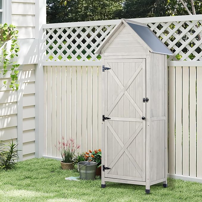 Wooden Outdoor Storage Cabinet with Waterproof Metal Roof Vertical Garden Tool Shed Adjustable Shelves, Perfect for Yards, Patios, Decks and Porches (Light Gray, 22" x 26" x 67")