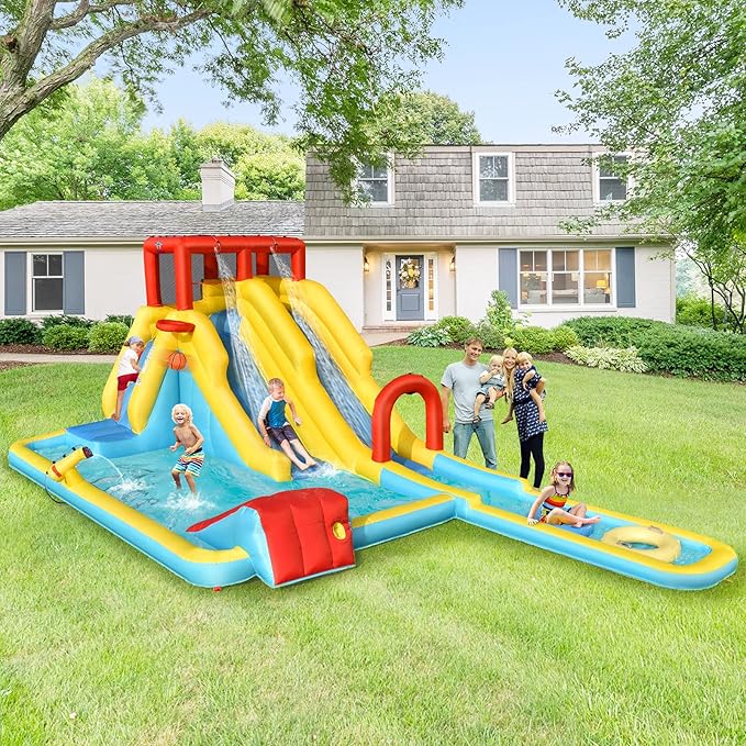BOUNTECH Inflatable Water Slide, Dual Slides Kids Water Slide Park Bouncy Castle w/950W Blower, 2 Swimming Rings, Large Splash Pool, Backyard Outdoor Blow up Water Slides Inflatables for Big Kids