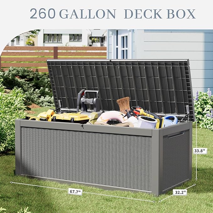 NUNU LAB 260 Gallon Outdoor Storage Box, Large Resin Deck Box with Double Wall Panels, Waterproof Patio Storage Bin for Garden Tools, Pool Accessories, Package Deliveries & Outdoor Gear,Grey