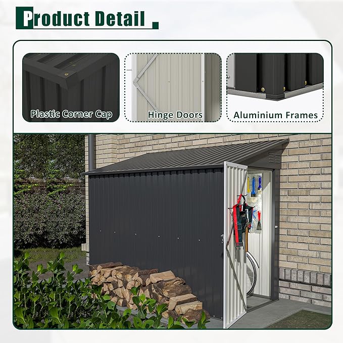 4×8 FT Lean to Metal Shed,Outdoor Heavy-Duty Storage Shed with Floor Base,All Weather Waterproof Garden Tool House W/Lockable Door&2 Air Vent,Reversible Door Design,for Backyard,Patio,Lawn,Black