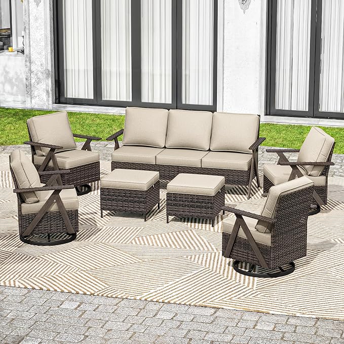 7 Pieces Patio Furniture Set,Outdoor Sofa & High Back Swivel Rocker Patio Chairs, Wicker Conversation Set with Ottoman for Deck Yard and Poolside