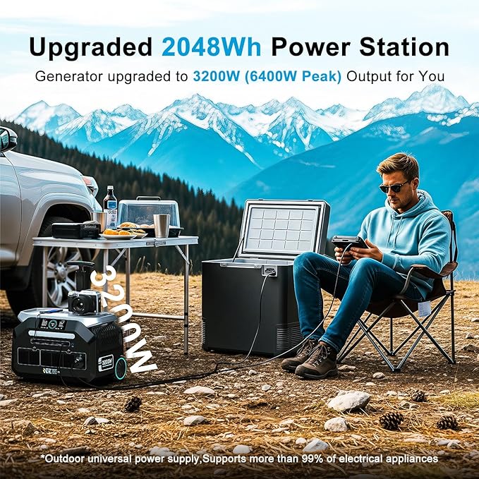IEE 3200W Solar Generator P3200 with 500W Solar Panel, 2048Wh Portable Power Station, 1800W AC Charging, AC Outlets x 4, LiFePO4 Battery Power Station for Home Backup, Camping, RV, Emergency