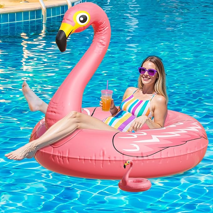 JAMBO Unicorn and Flamingo Pool Floats- 2 Pack with 2 Drink Holder Floats, Large Flamingo and Unicorn Tube Float, Adult & Teens, Inflatable Tanning Pool Toys, Tanning Pool Float, Tanning Float