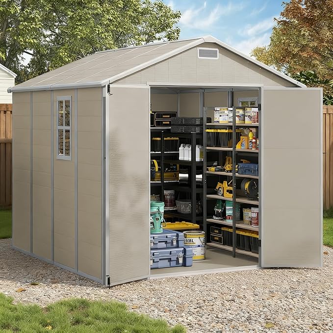 Outdoor Shed 5x3/6x4/7x7/8x6/8x10/8x12 FT, 15MM Thick PP Resin Plastic Shed with Lockable Door & Floor - Waterproof Plastic Tool Shed for Bike, Garbage Can, Backyard, Patio ﻿ ﻿ (Light Brown, 7x7FT)
