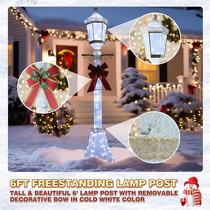 VEIKOU 6FT Lighted Lamp Post for Outdoor Christmas Decorations, Light-up Street Lamp with 120 LED Lights & Red Bow, Christmas Decorations Outside for Yard Garden Lawn Porch Holiday Xmas